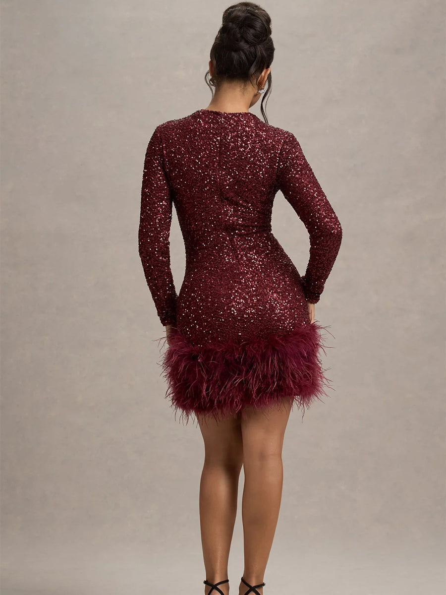 Calixta Uzun Kollu Payetli Tüy Mini Elbise