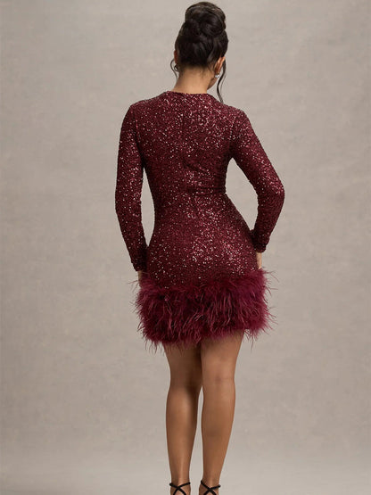 Calixta Uzun Kollu Payetli Tüy Mini Elbise