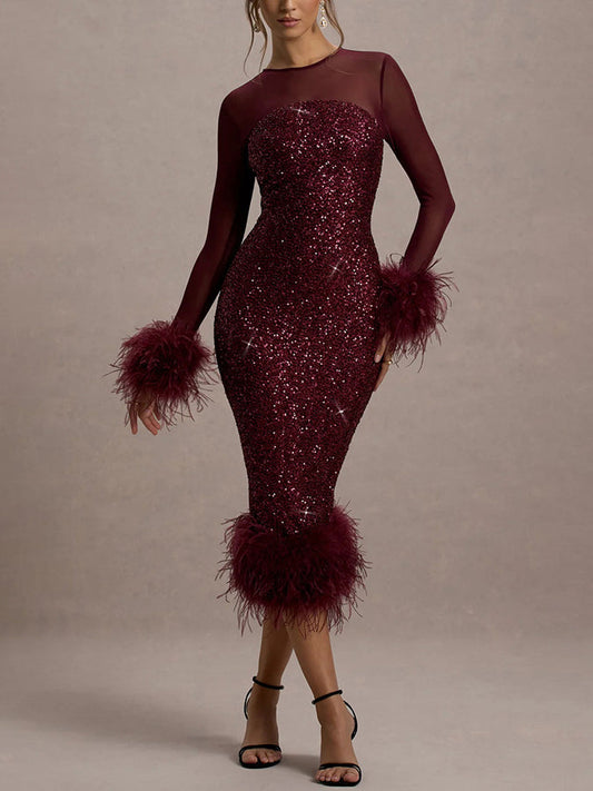 Venus Uzun Kollu Tüy Payetli Midi Elbisesi