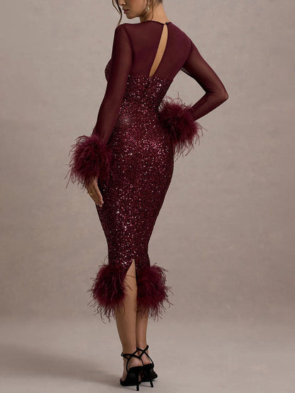 Venus Uzun Kollu Tüy Payetli Midi Elbisesi
