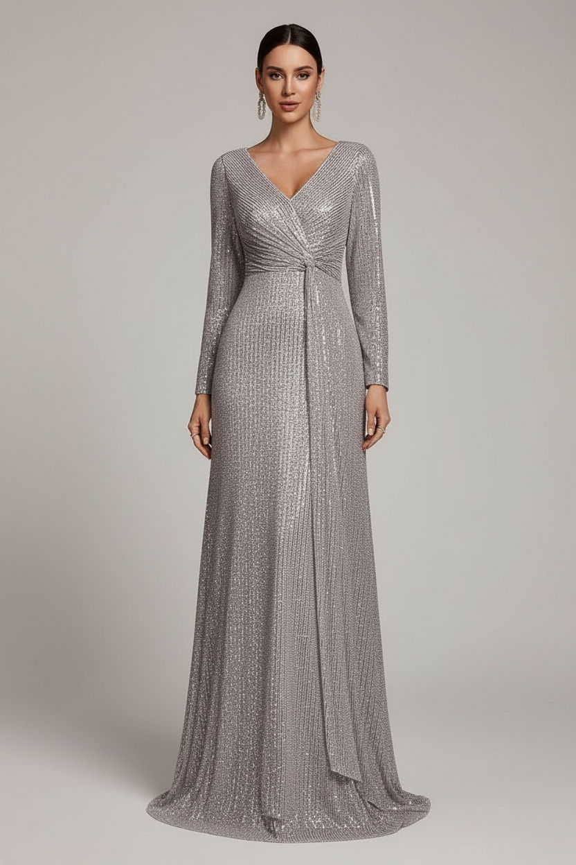 Evelyn Uzun Kollu Payetli Maxi Elbise