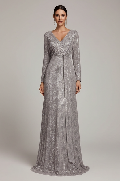 Evelyn Uzun Kollu Payetli Maxi Elbise