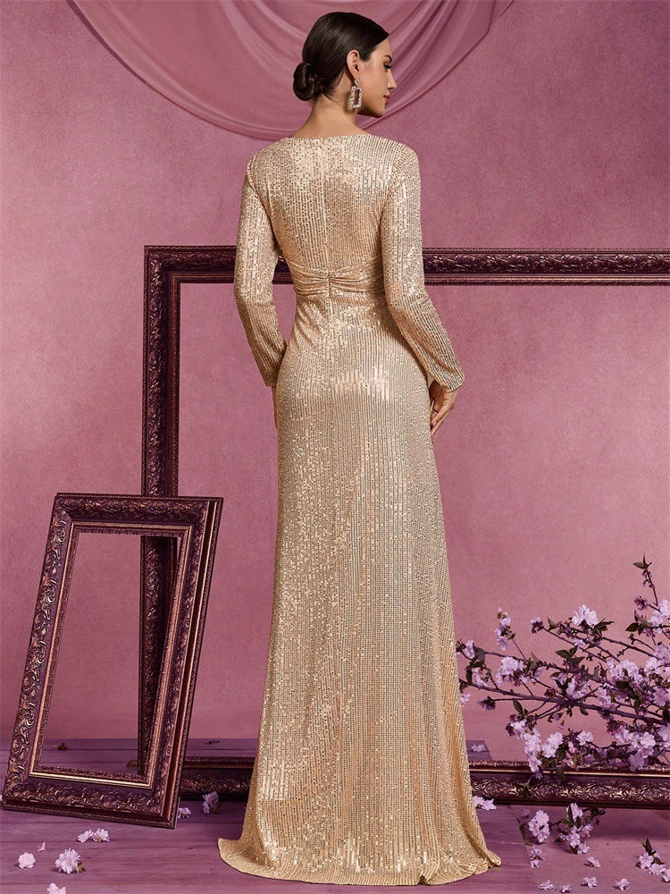 Evelyn Uzun Kollu Payetli Maxi Elbise