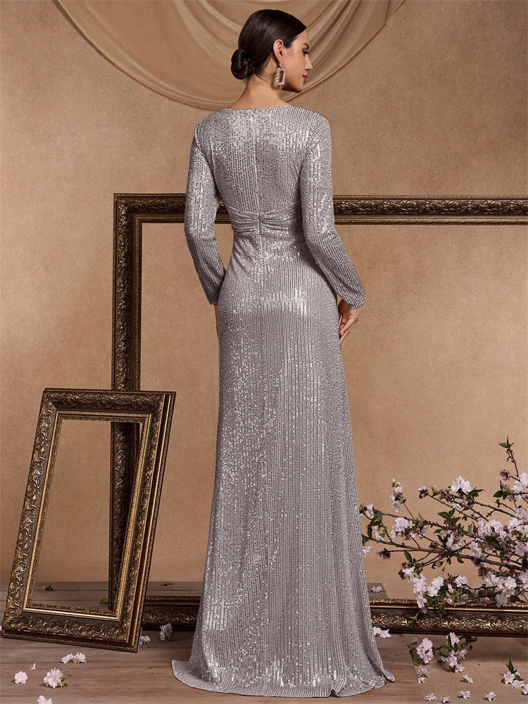 Evelyn Uzun Kollu Payetli Maxi Elbise