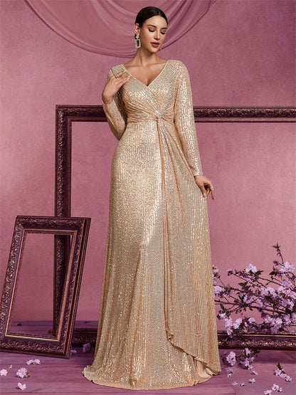 Evelyn Uzun Kollu Payetli Maxi Elbise