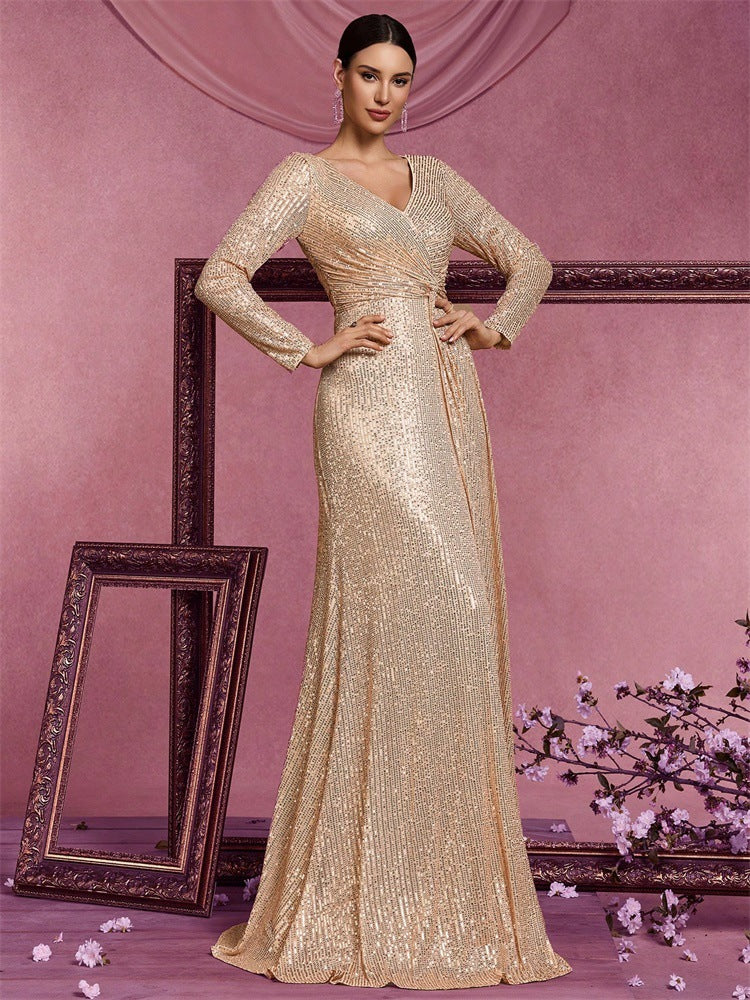 Evelyn Uzun Kollu Payetli Maxi Elbise