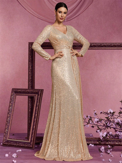 Evelyn Uzun Kollu Payetli Maxi Elbise