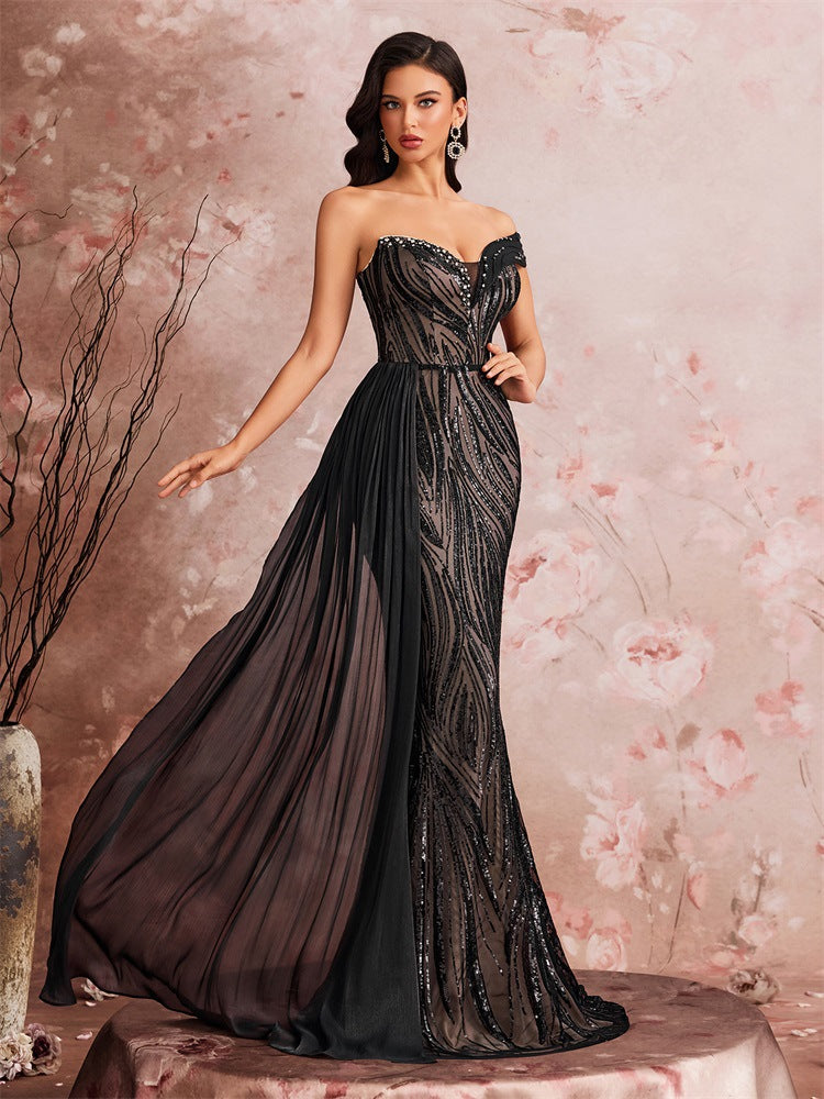 Giselle Payetli Omuzsuz Maxi Elbise