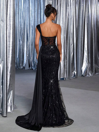 THollis Tek Omuzlu Payetli Korse Maxi Elbise