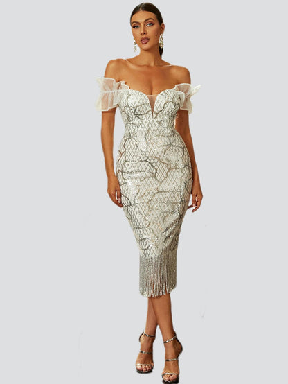 Beryl Püsküllü Midi Elbise