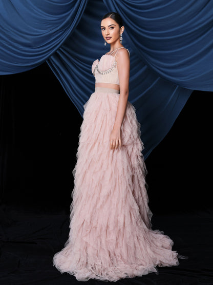 Ophelia Asimetrik Etek Ucu Tül Maxi Takım