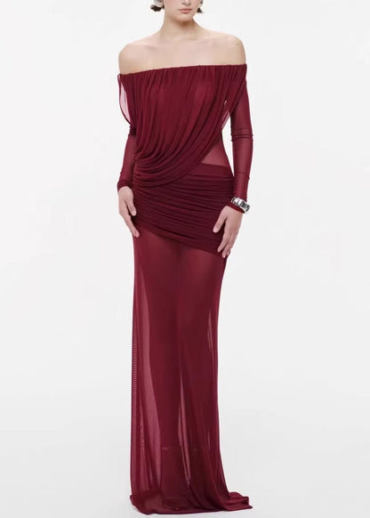 Apolline Drapeli Abiye Maxi Elbise-Bordo
