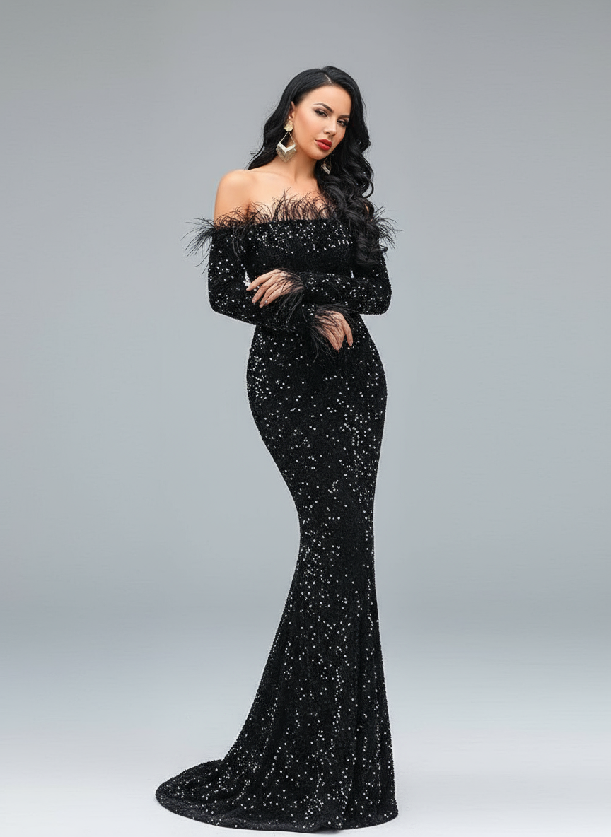 Hesper Omuzsuz Tüy Payetli Abiye Maxi Elbise