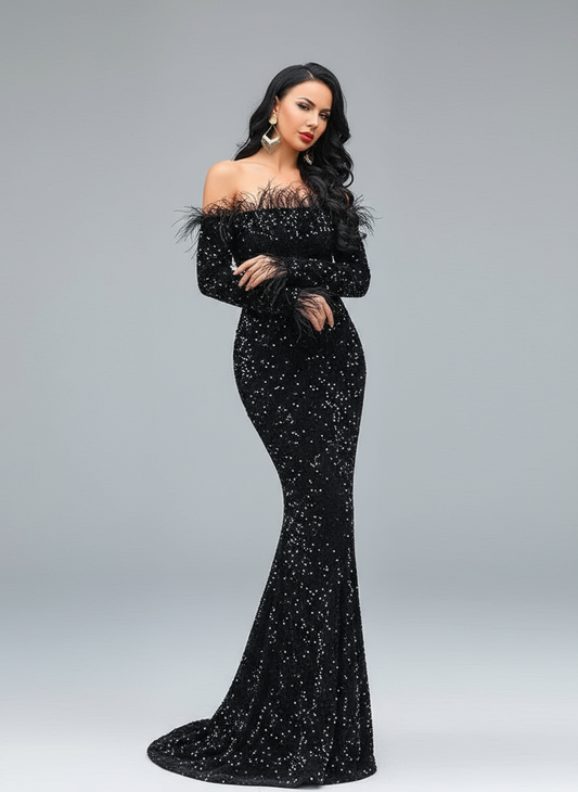 Hesper Omuzsuz Tüy Payetli Abiye Maxi Elbise