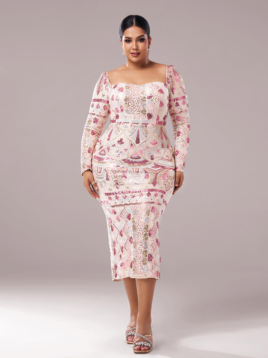 Juno Kare Yaka Uzun Kollu Midi Elbise