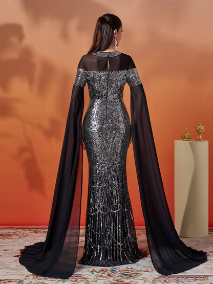 Siyah Payetli Kap Kol Zarif Maxi Elbise