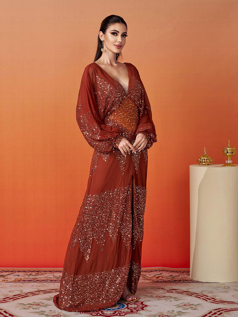 Yasmina Fener Kollu Yırtmaçlı Maxi Elbisesi