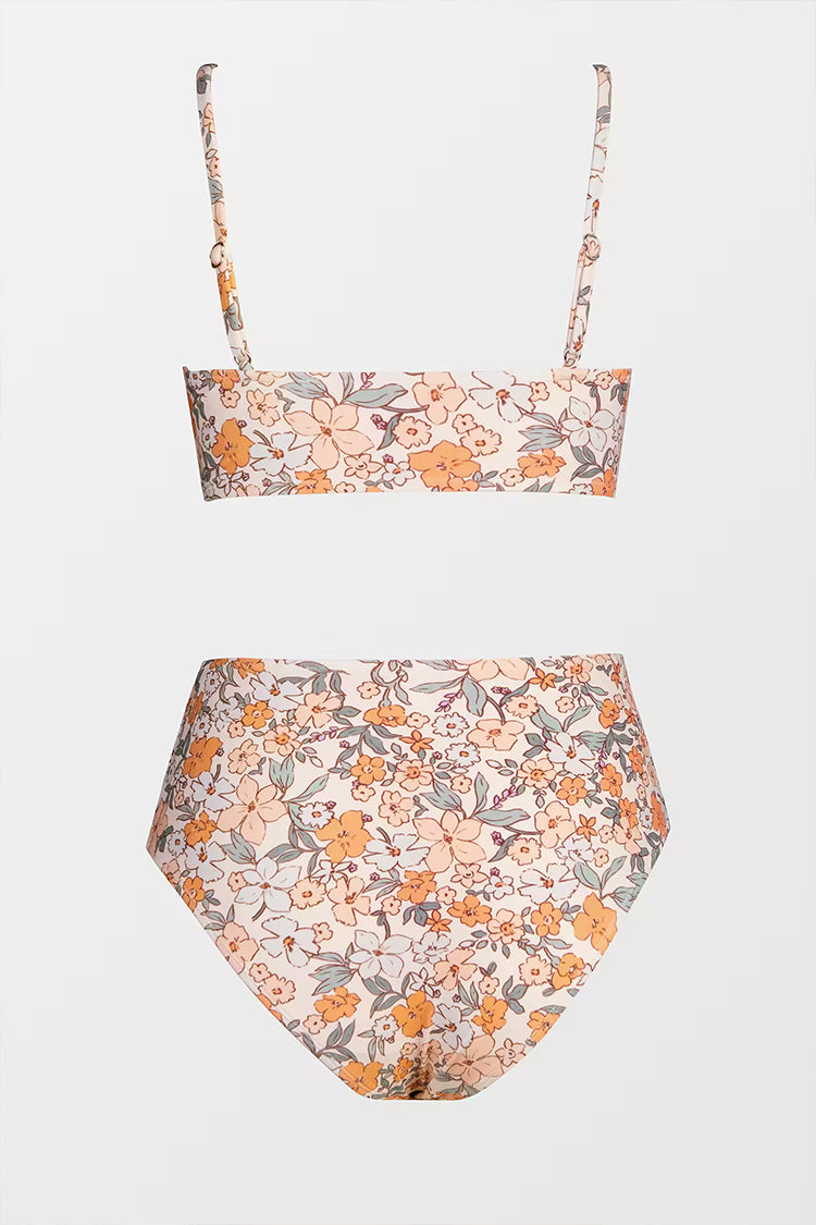 Çiçek Desenli Bükümlü Bralette & Eklemeli Yüksek Bel Bikini Seti