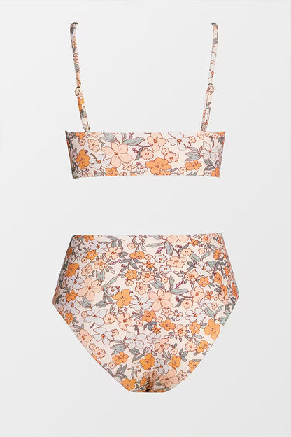 Çiçek Desenli Bükümlü Bralette & Eklemeli Yüksek Bel Bikini Seti