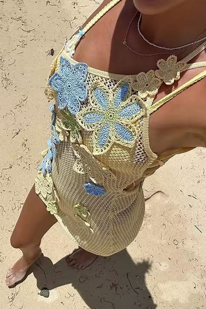 Boho Tek Omuz Bağcıklı Sırtı Açık Çiçekli Tığ Örgü Pareo