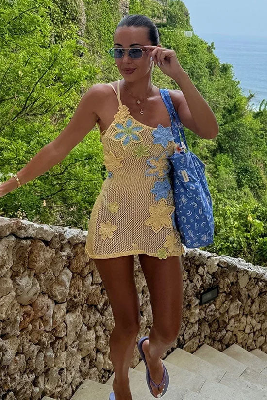 Boho Tek Omuz Bağcıklı Sırtı Açık Çiçekli Tığ Örgü Pareo