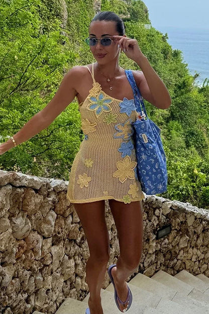 Boho Tek Omuz Bağcıklı Sırtı Açık Çiçekli Tığ Örgü Pareo