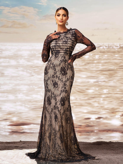 Isadora Romantik Çiçekli Dantel Kollu Maxi Elbise