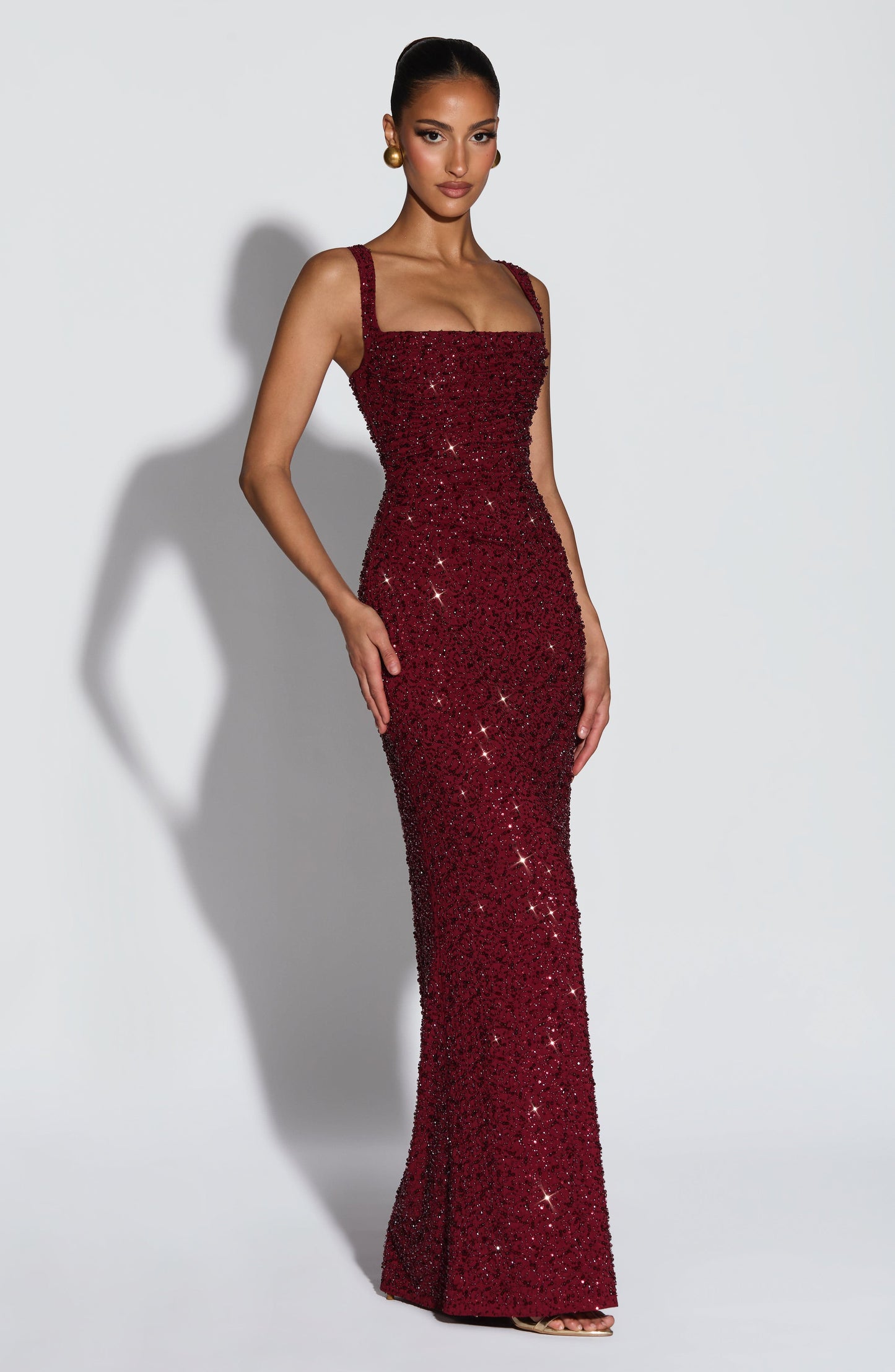 Calanthe Maxi Elbise - Bordo Işıltılı