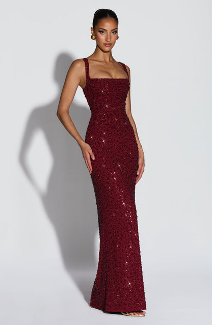 Calanthe Maxi Elbise - Bordo Işıltılı