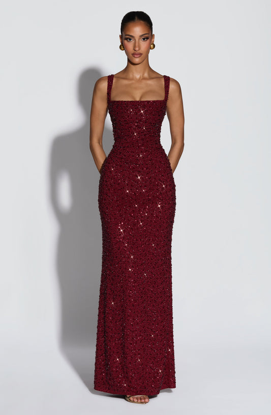 Calanthe Maxi Elbise - Bordo Işıltılı