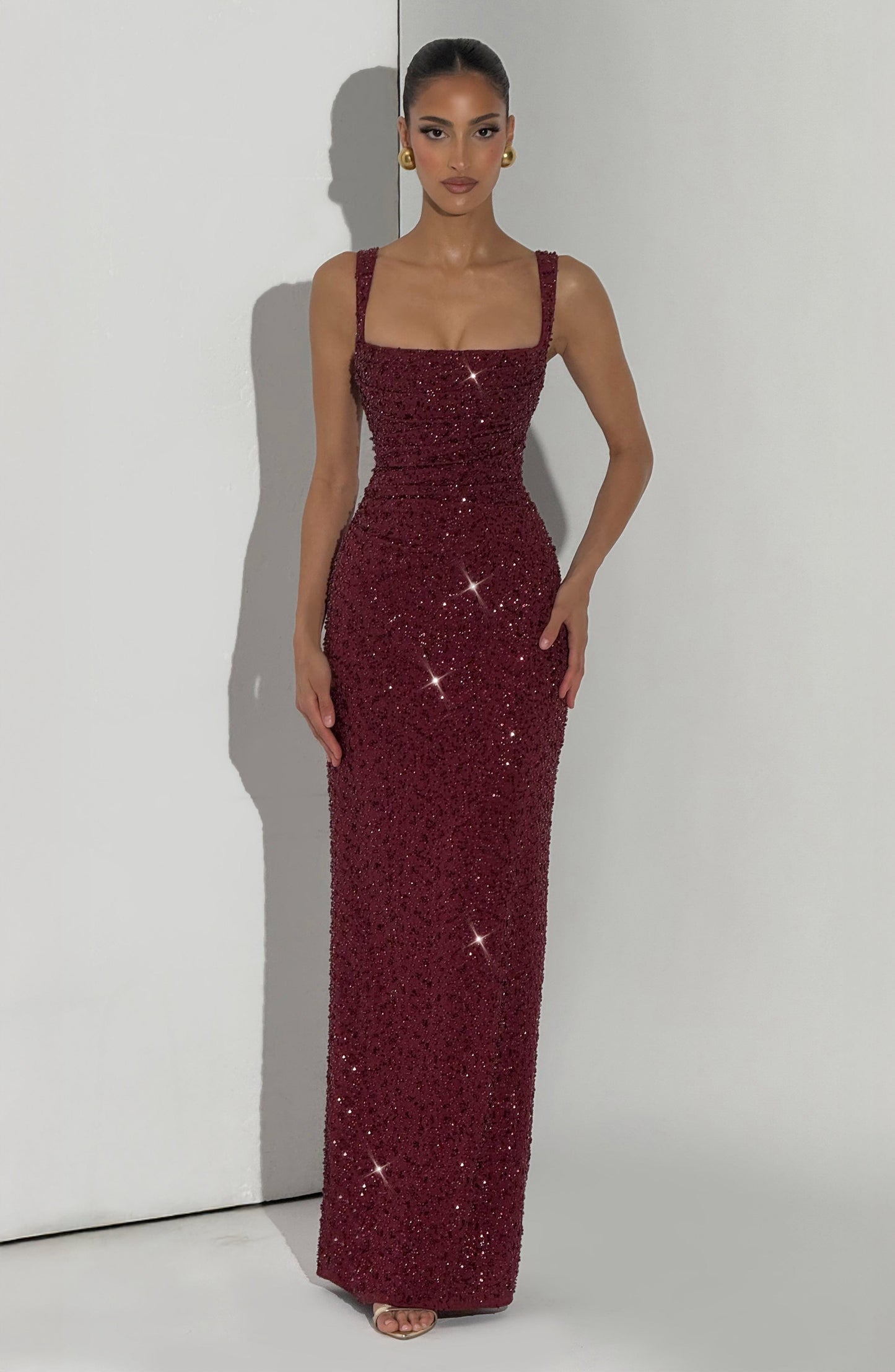 Calanthe Maxi Elbise - Bordo Işıltılı