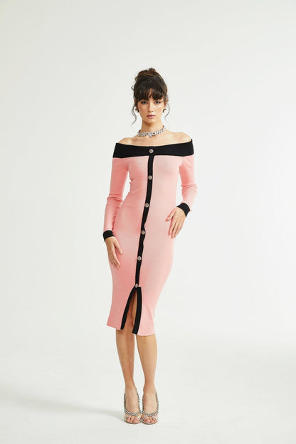 Carine Pembe Midi Örgü Elbise