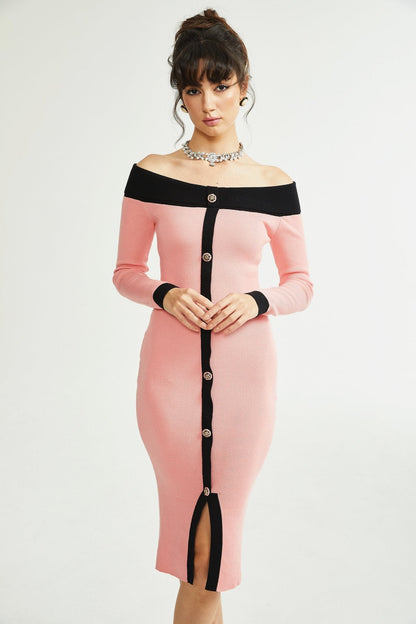 Carine Pembe Midi Örgü Elbise