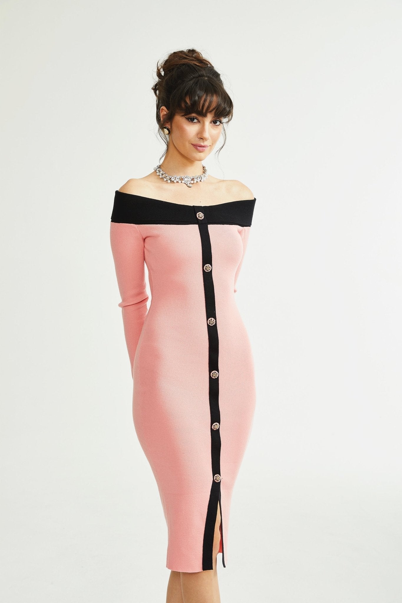 Carine Pembe Midi Örgü Elbise