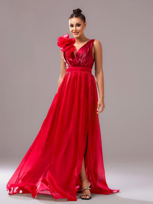 Tansy Çiçek Desenli Saten V Yaka Maxi Elbise