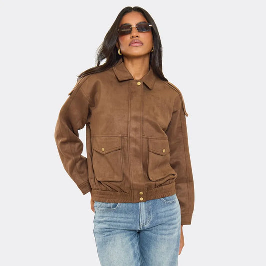 Cep Detaylı Kahverengi Süet Mont