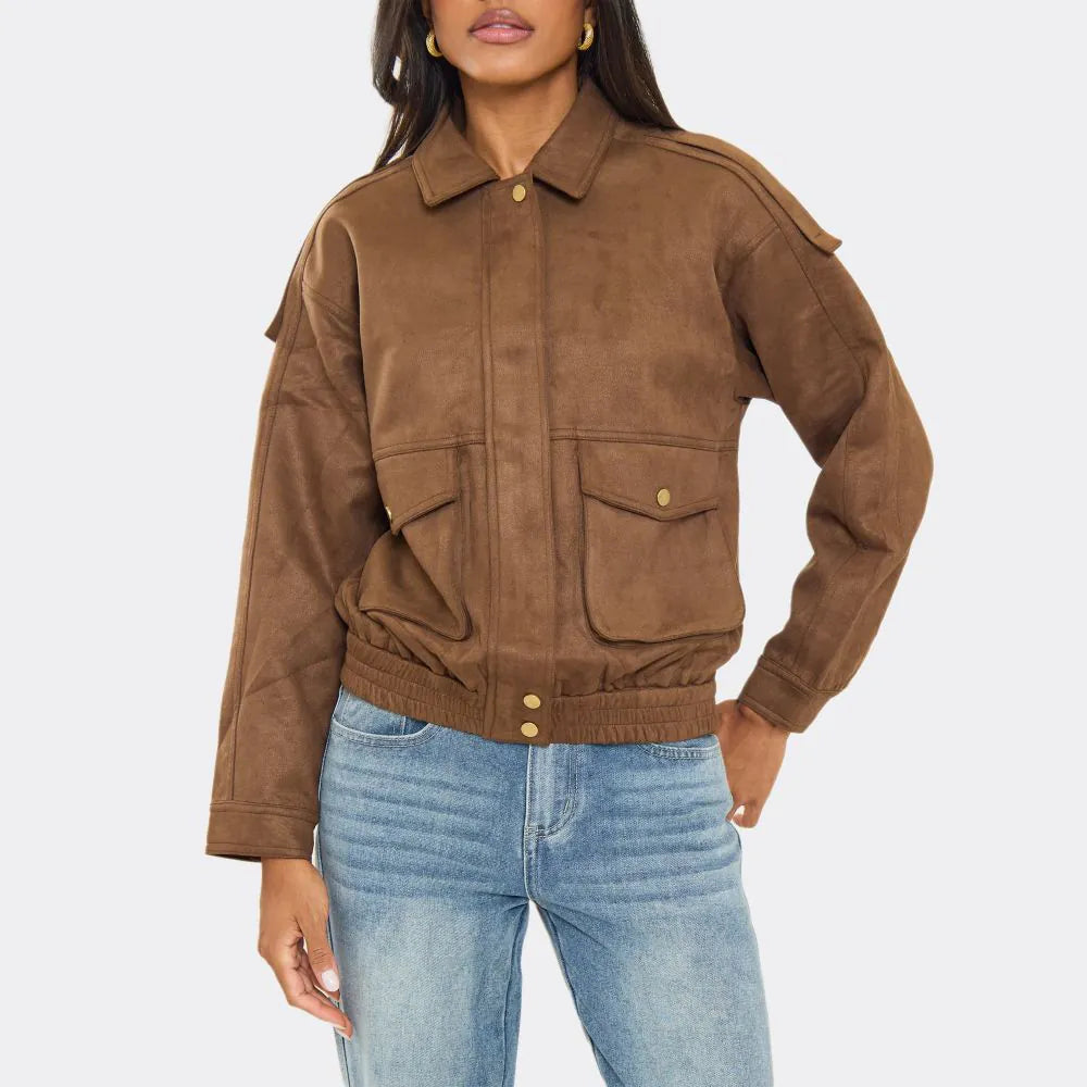 Cep Detaylı Kahverengi Süet Mont