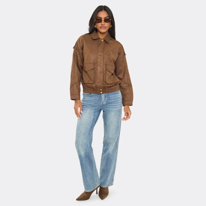 Cep Detaylı Kahverengi Süet Mont