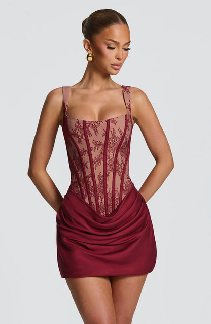 Cornelia Mini Elbise - Bordo Dantel