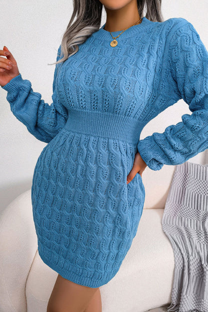 Kışlık Örgü Mini Elbise - Mavi