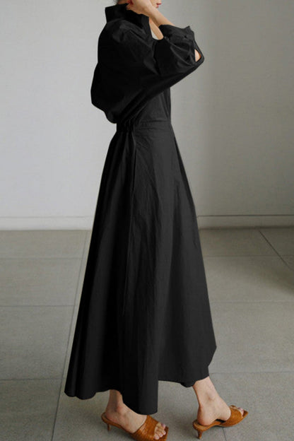 Długa bawełniana sukienka z kołnierzykiem Piotrusia Pana i kieszeniami 