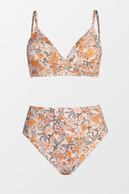 Çiçek Desenli Bükümlü Bralette & Eklemeli Yüksek Bel Bikini Seti