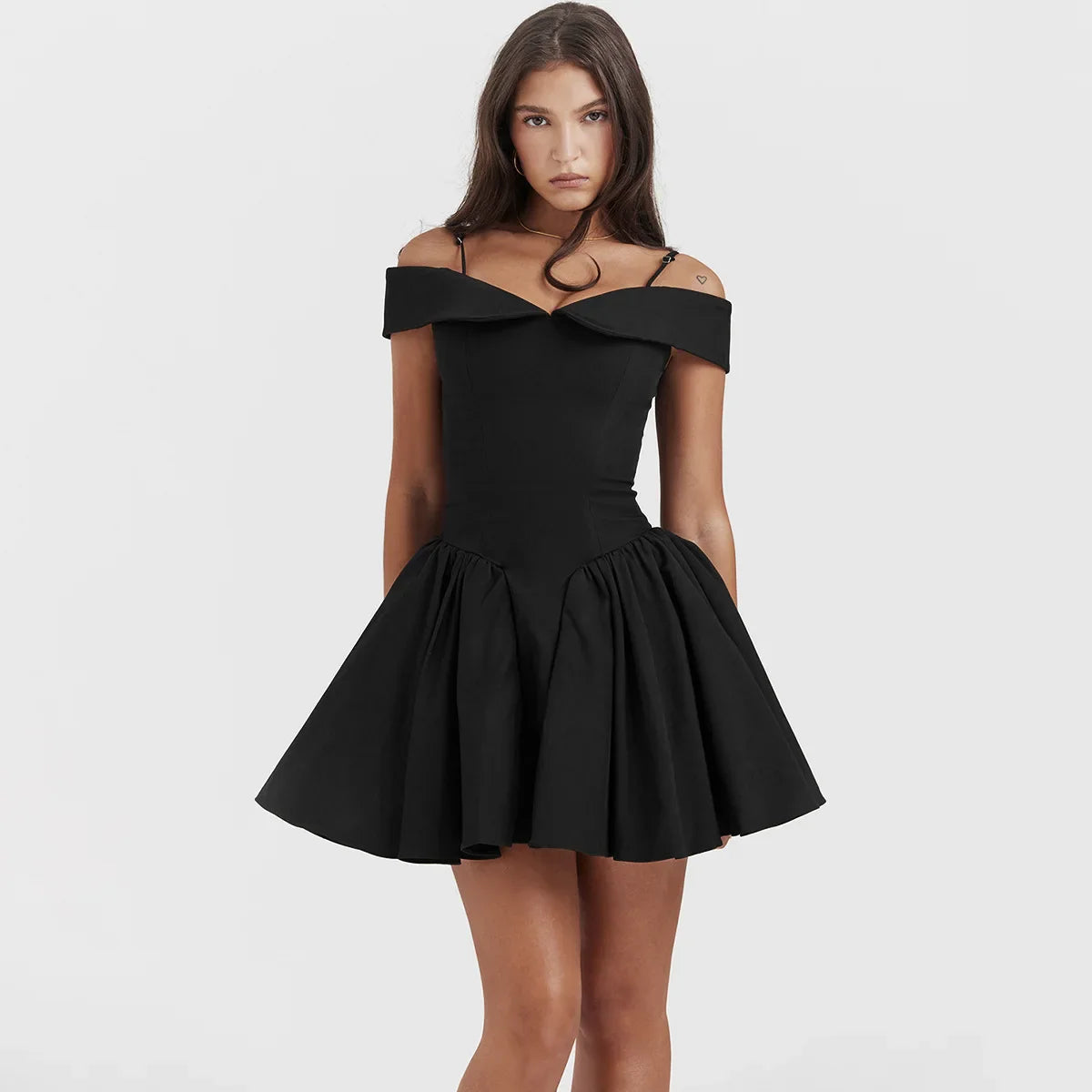Elida Floral Mini Elbise-Siyah