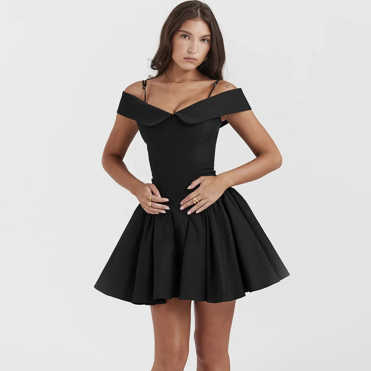 Elida Floral Mini Elbise-Siyah