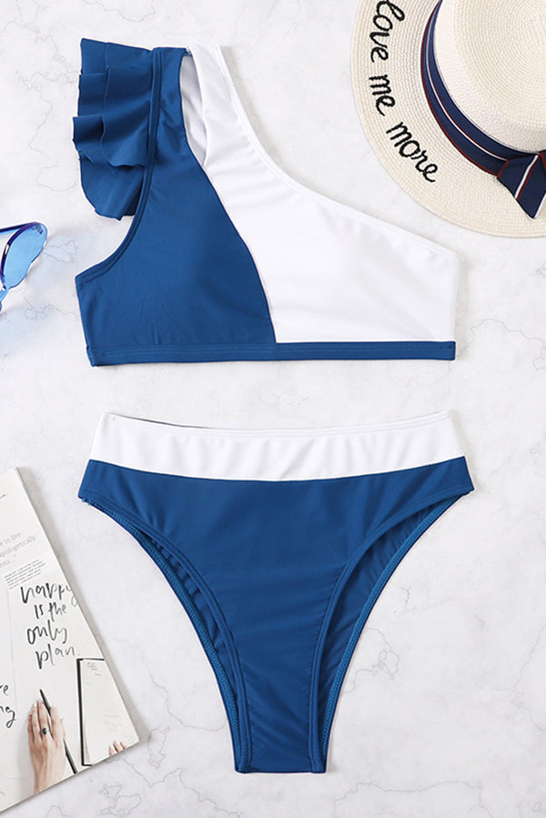Şık Sade Tek Omuz Colorblock Bikini Mayo