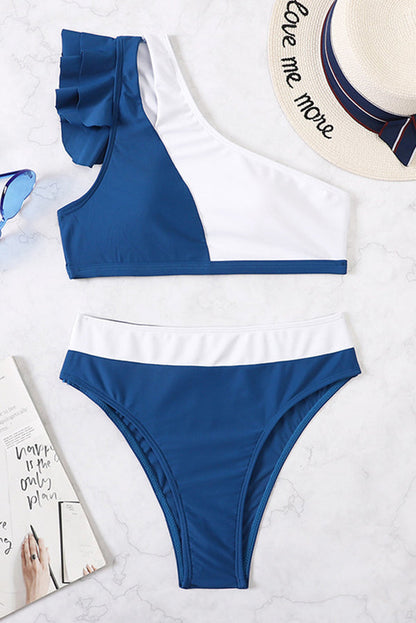 Şık Sade Tek Omuz Colorblock Bikini Mayo