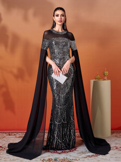 Siyah Payetli Kap Kol Zarif Maxi Elbise
