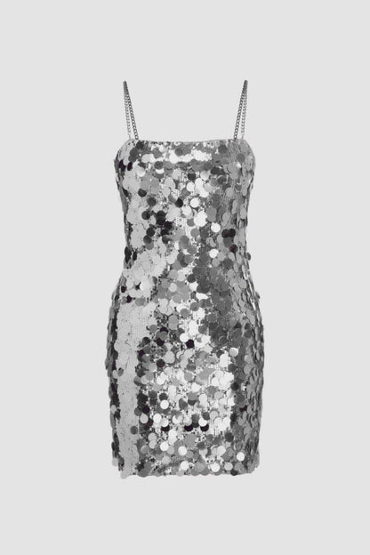 Erica Pul Payetli Metal Zincirli Mini Elbise-Metalik