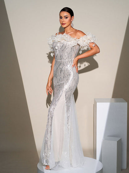 Linnea Omuzları Açık Aplike Maxi Elbise