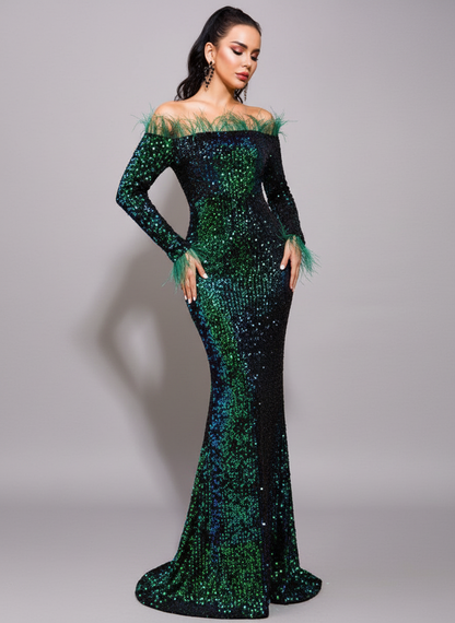 Hesper Omuzsuz Tüy Payetli Abiye Maxi Elbise